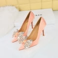 thumbnail image 5 of Zapatos de tacón puntiagudos de satén para mujer, de moda, para banquetes, con boca poco profunda, puntiagudos, con lazo de diamante, tacones altos clásicos, 5 of 5