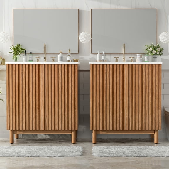 Bathroom Vanity 60 inch, Double Sink Vanity with Ceramic Sink, Traditional Vanity with Soft-Close Doors, Solid Wood Legs & Adjustable Shelf for Master Bathroom, Guest Bathroom, Wood