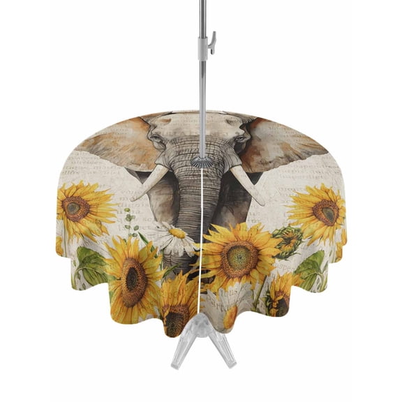 Vintage Elephants Outdoor Tablecloth - 60 Inch Round Dining Table Cover, Spring Summer Sunflowers Daisy Floral Waterproof Outdoor Table Cloth with Umbrella Hole & Zipper for Picnic/Patio/Party