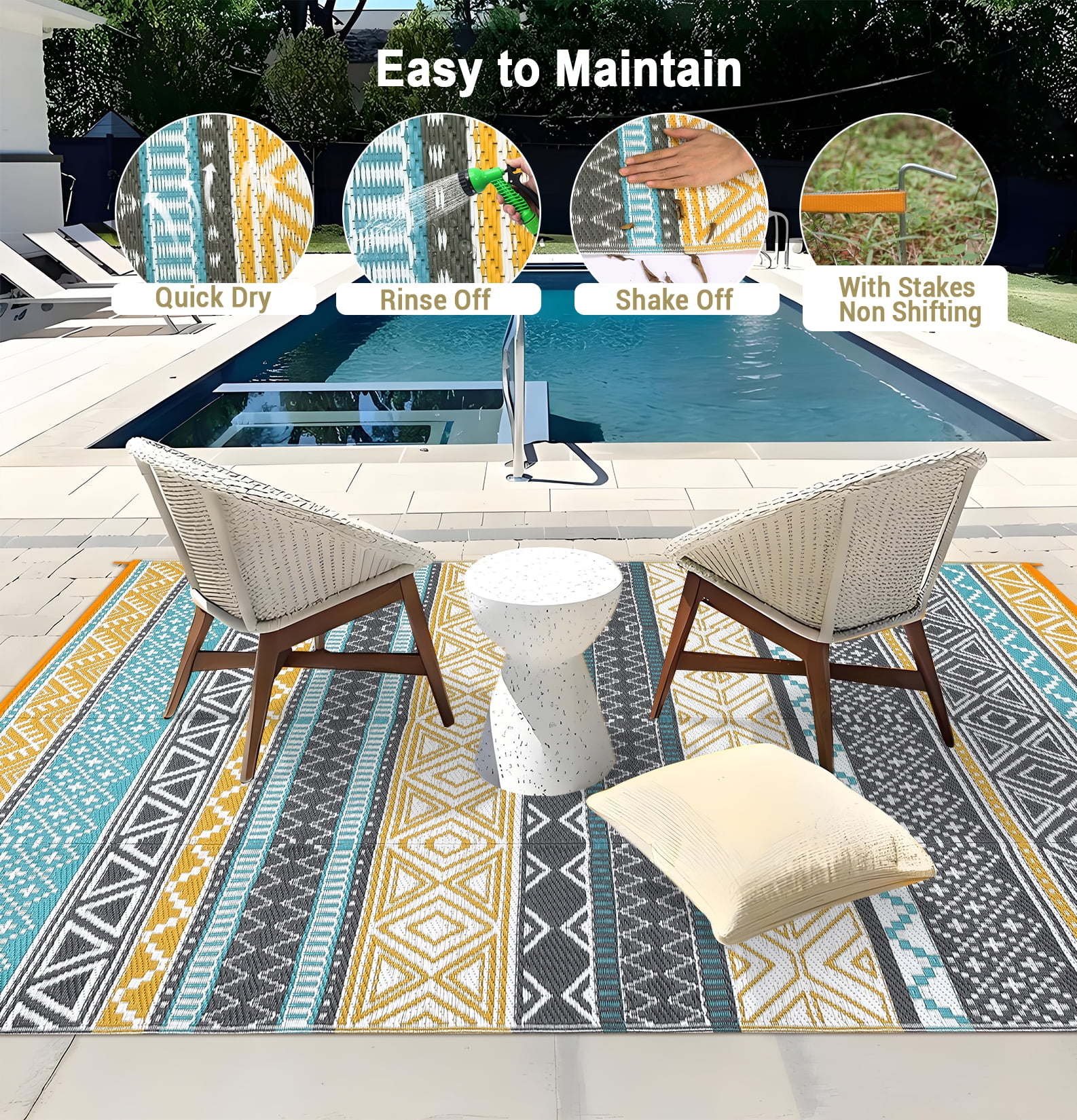 GlowSol 10'x20' Outdoor Rug Carpet Waterproof Reversible Patio Rug RV Camping Rug Plastic Straw Rug Outside Indoor Outdoor Boho Area Rug, Yellow Blue