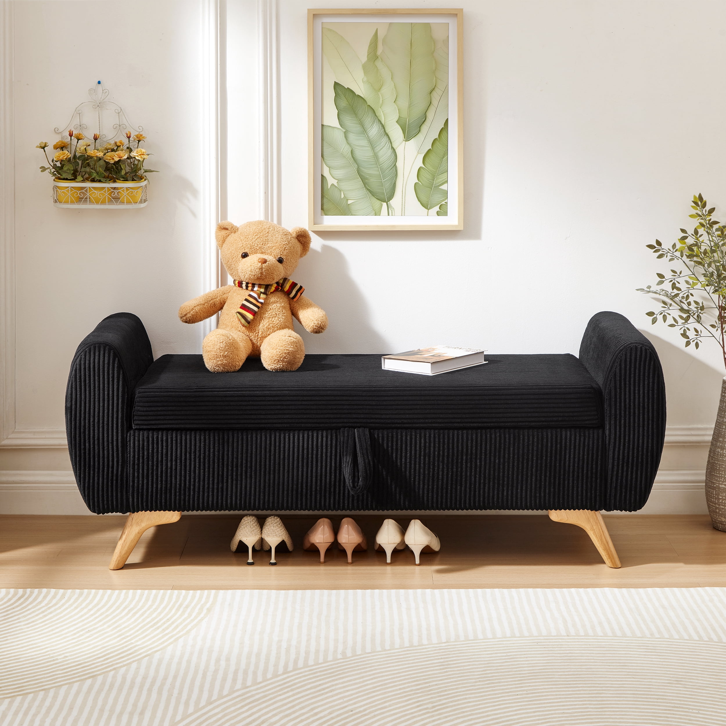 Storage Bed Bench 57 Inch, Corduroy Upholstered Bench with Flip Top Storage for Bedroom Hallway, Black