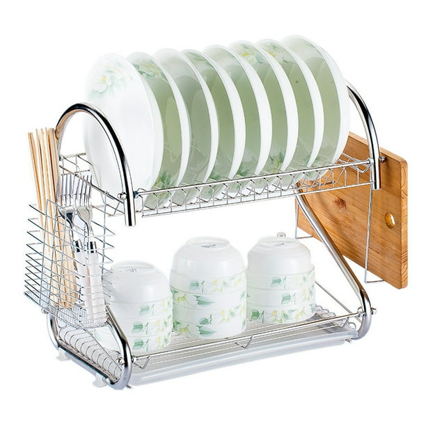 Estante Doble para Platos y Tazas de Acero Inoxidable y Polipropileno, Organizador de Cocina con Soporte para Tablas y Utensilios, Diseño Circular y Compacto, Incluye Accesorios, Fácil de Montar.