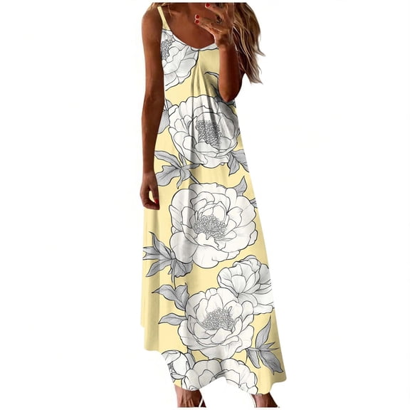 Kvture Summer Dresses for Women Beach Vacation Spaghetti Strap v Neck Sun Dress Flowy Maxi Long Sundresses Trendy F Multicolor
