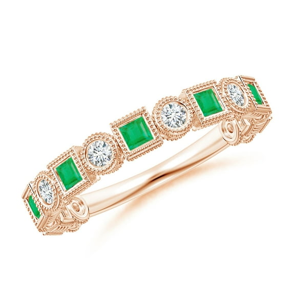 ANGARA Natural Bezel-Set Square Emerald and Round Diamond Ring in 14K Rose Gold for Women (Size-2mm) | May Birthstone, Birthday, Anniversary, Jewelry Gift for Women | Natural Emerald Ring