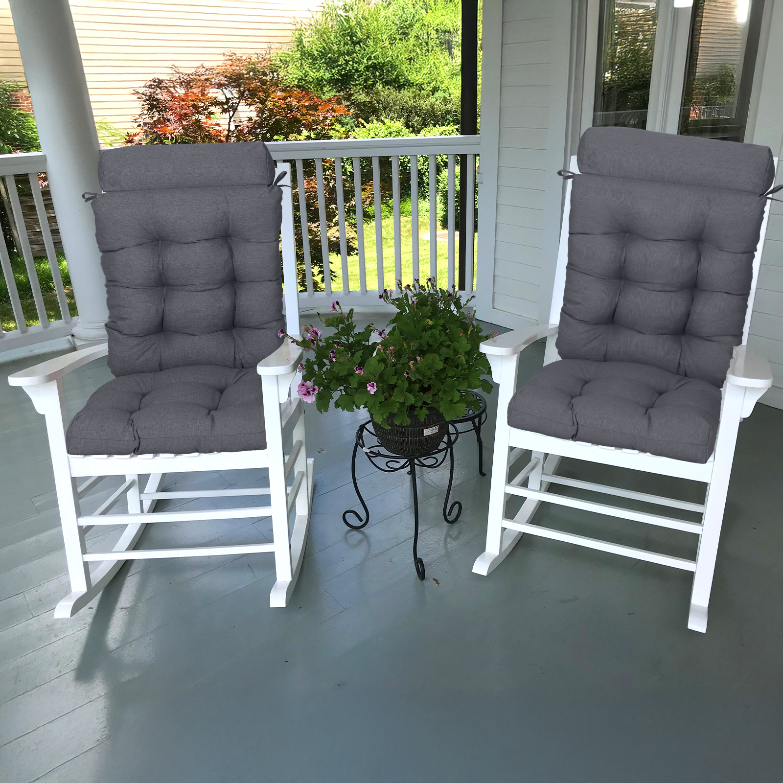 BPS Outdoor Patio Rocking Chair Cushion, Waterproof Fade-Resistant High Back Cushions, Tufted Pads with Ties, Set of 2, Dark Gray