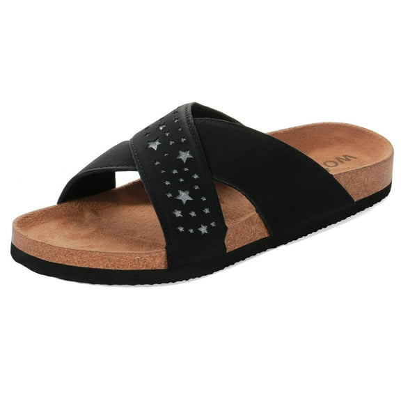 NeedBo Women's Cork Footbed Flat Slide Sandals with Star Cross Band Upper Cushioned Sole, Black Size 8