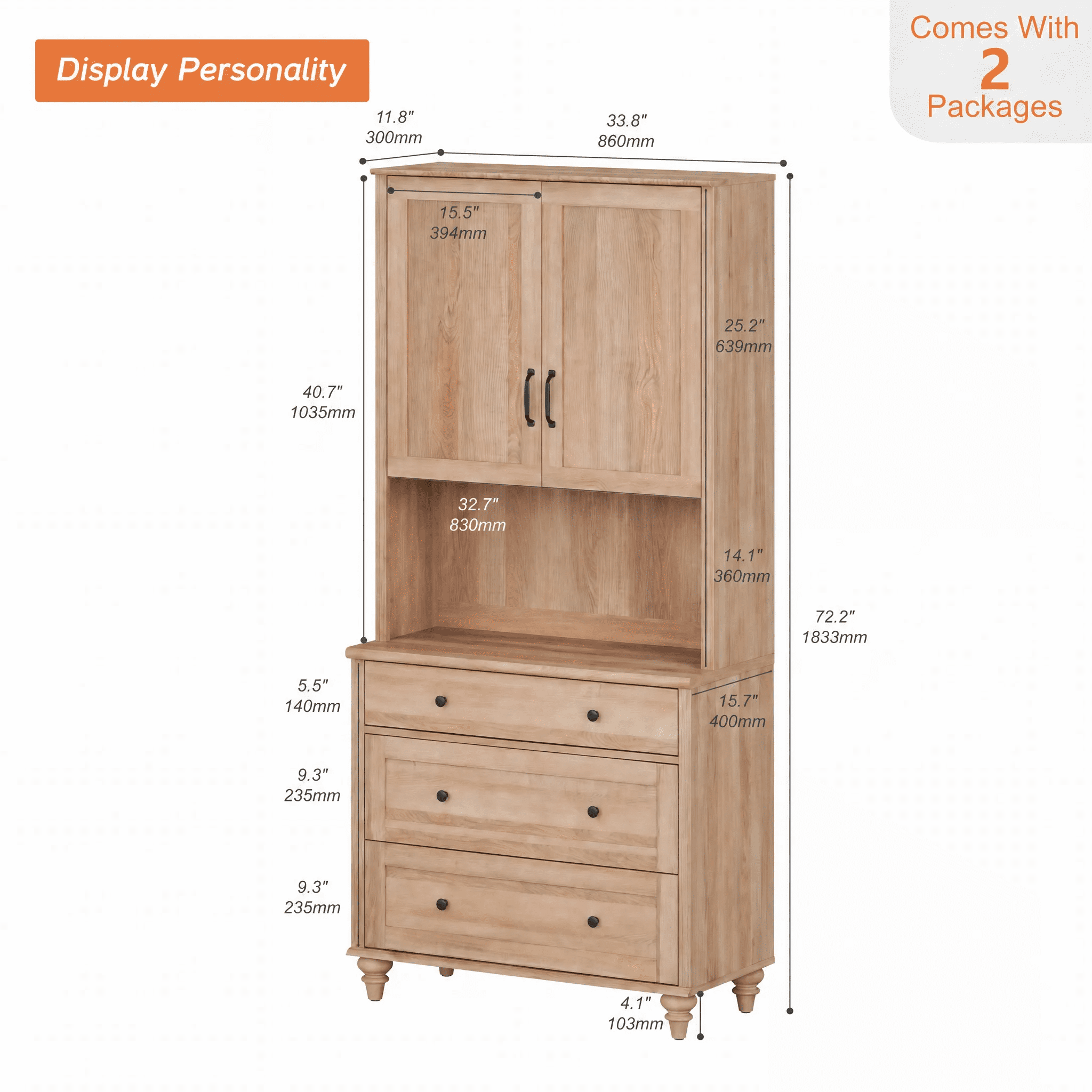 72"H × 34"W Modern Farmhouse Wooden Library Bookcase with Wood Doors & 3 Drawers, Freestanding Storage Bookshelf for Living Room, Office & Study Room, Oak
