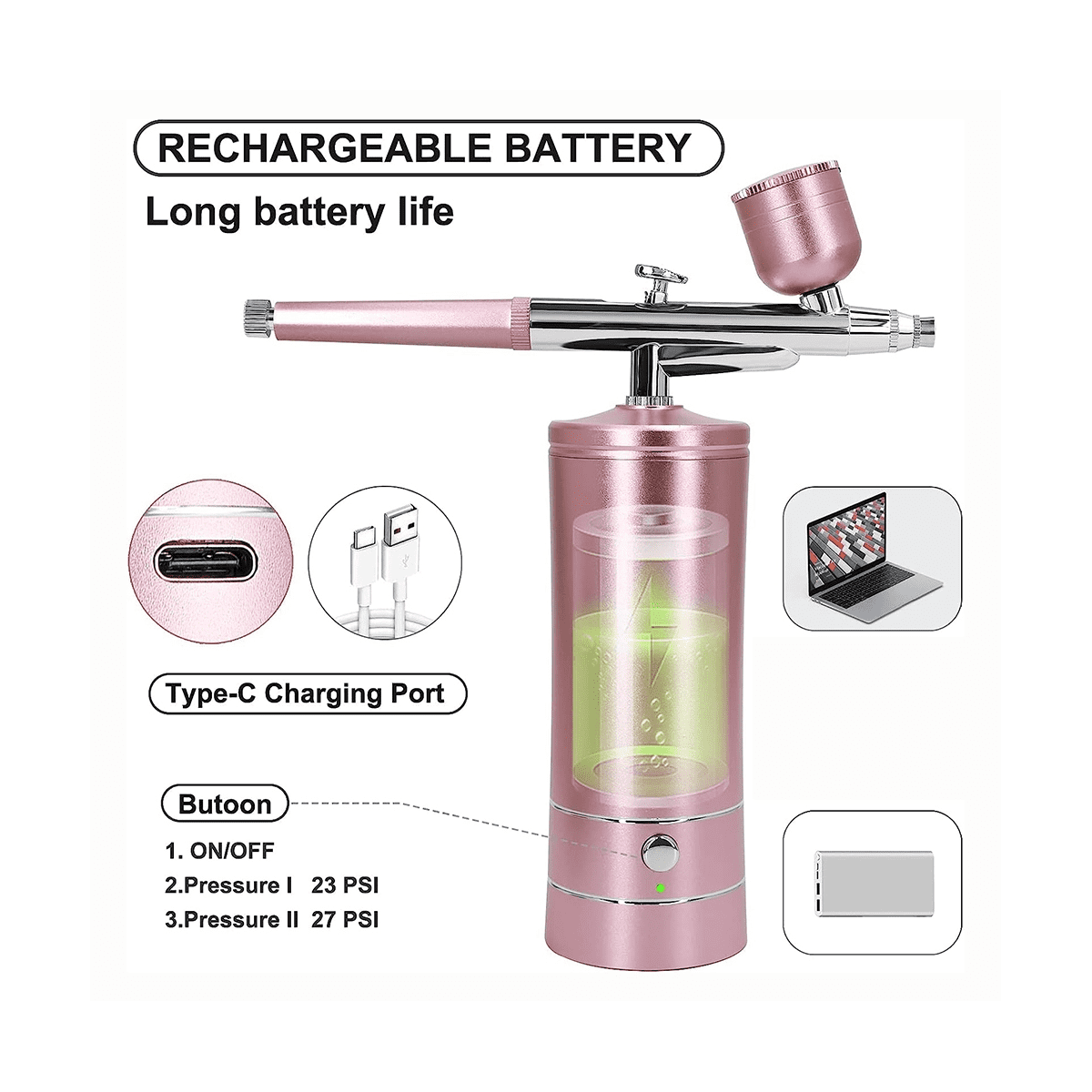 Rechargeable Cordless Airbrush Compressor with 0.4mm Nozzle for Barber, Nail Art, Makeup, Model Painting