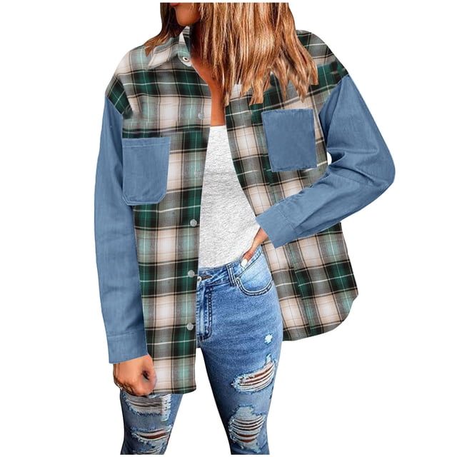 Veste en Jean à Carreaux pour Femmes, Manches Longues, Blouse Décontractée, Col Rabattu, Coupe Ample pour Automne Hiver Printemps, Mode Quotidienne, Extérieur