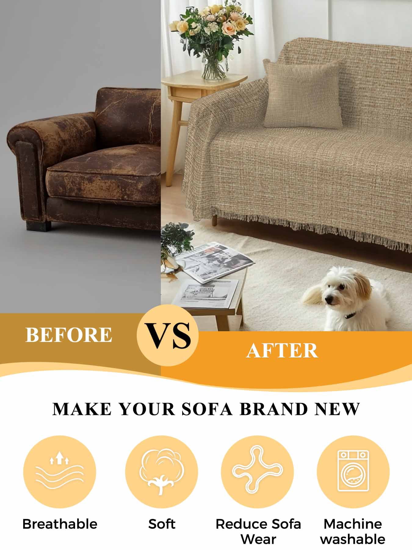 Brown Farmhouse Couch Cover for 2 Cushion Sofa, Vintage Country Monochrome Textured Washable Loveseat Sofa Covers Slipcover for Sectional Sofas L-Shaped, Couch Throw Cover 71"x118"