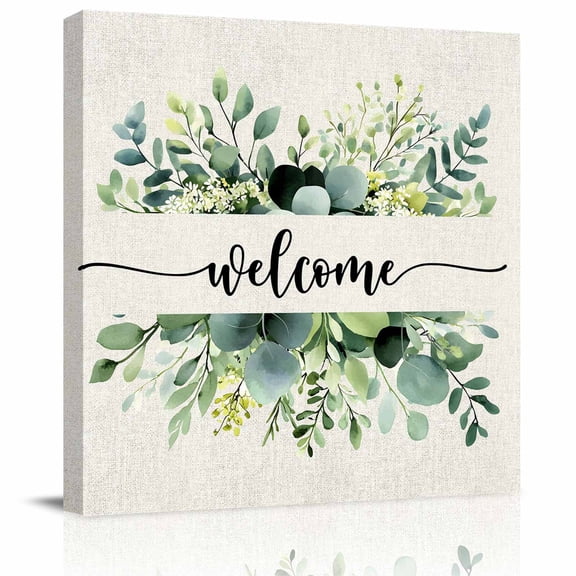Framed Canvas Wall Art for Living Room Eucalyptus Leaves Wall Decor, Vintage Farm Welcome Aesthetic Paintings for Bedroom Office Kitchen Bathroom, Ready to Hang Artwork Wall Pictures 8x8 Inch