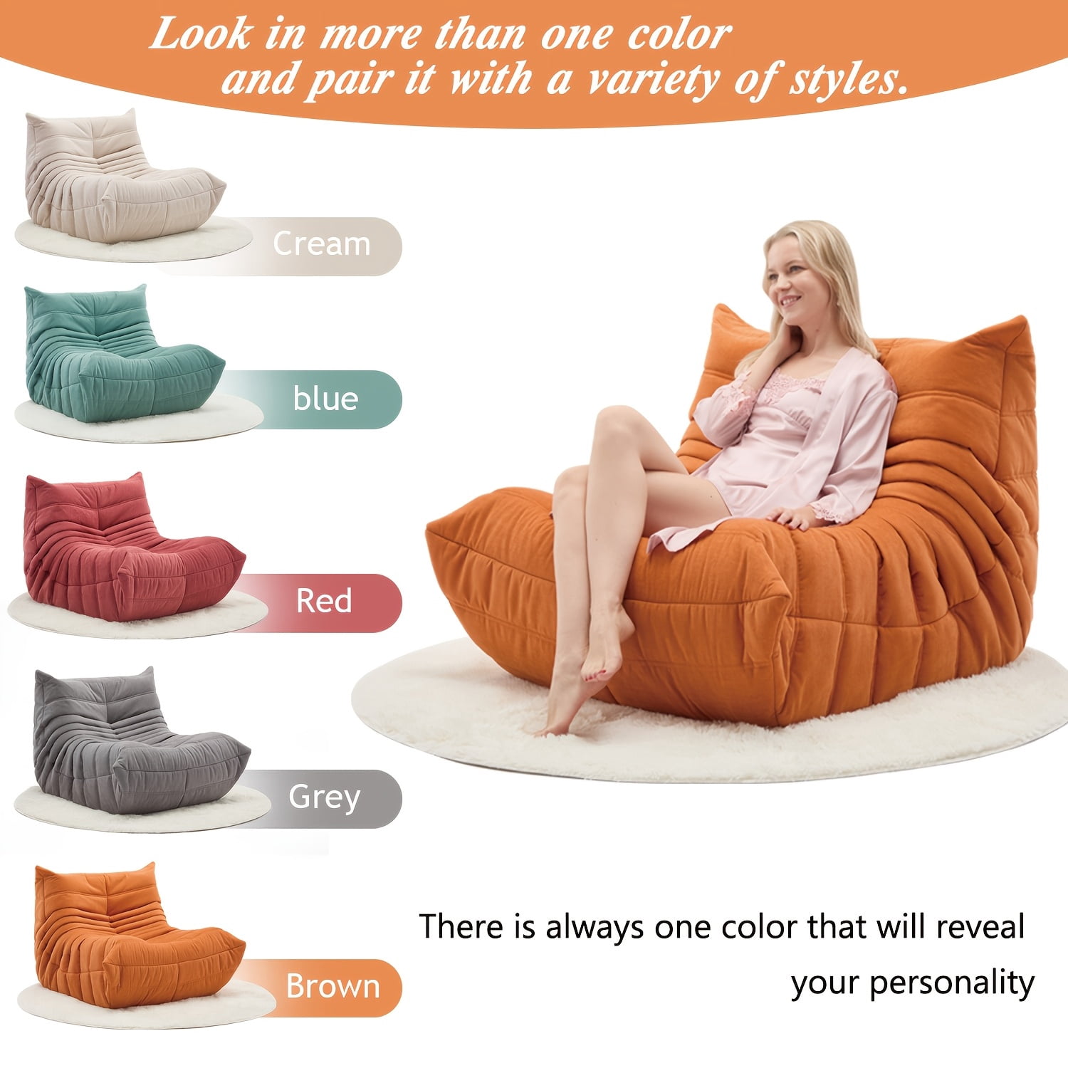 Memory Foam Bean Bag Chair with Free Round Carpet, Large Cozy Fireside Sofa for Adults, Knitted Fabric Ergonomic Lounge Chair for Living Room,  Movie Nights and Office