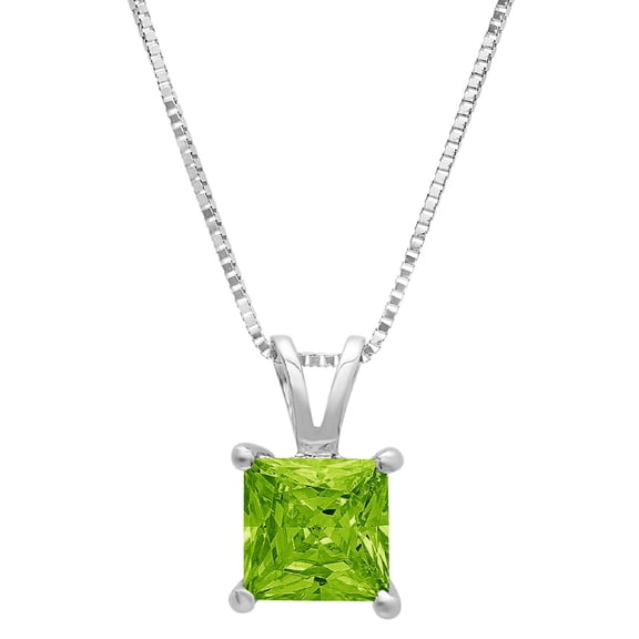 0.5 ct Brilliant Princess Cut Solitaire Natural Peridot 14k White Gold Pendant with 16" Chain
