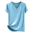 thumbnail image 5 of Feancey V Neck Pajama Tops for Women Milk Silk Soft Short Sleeve T-Shirts Comfy Lightweight Summer Tees Relaxed Fit Casual Blouse Light Blue XL, 5 of 6
