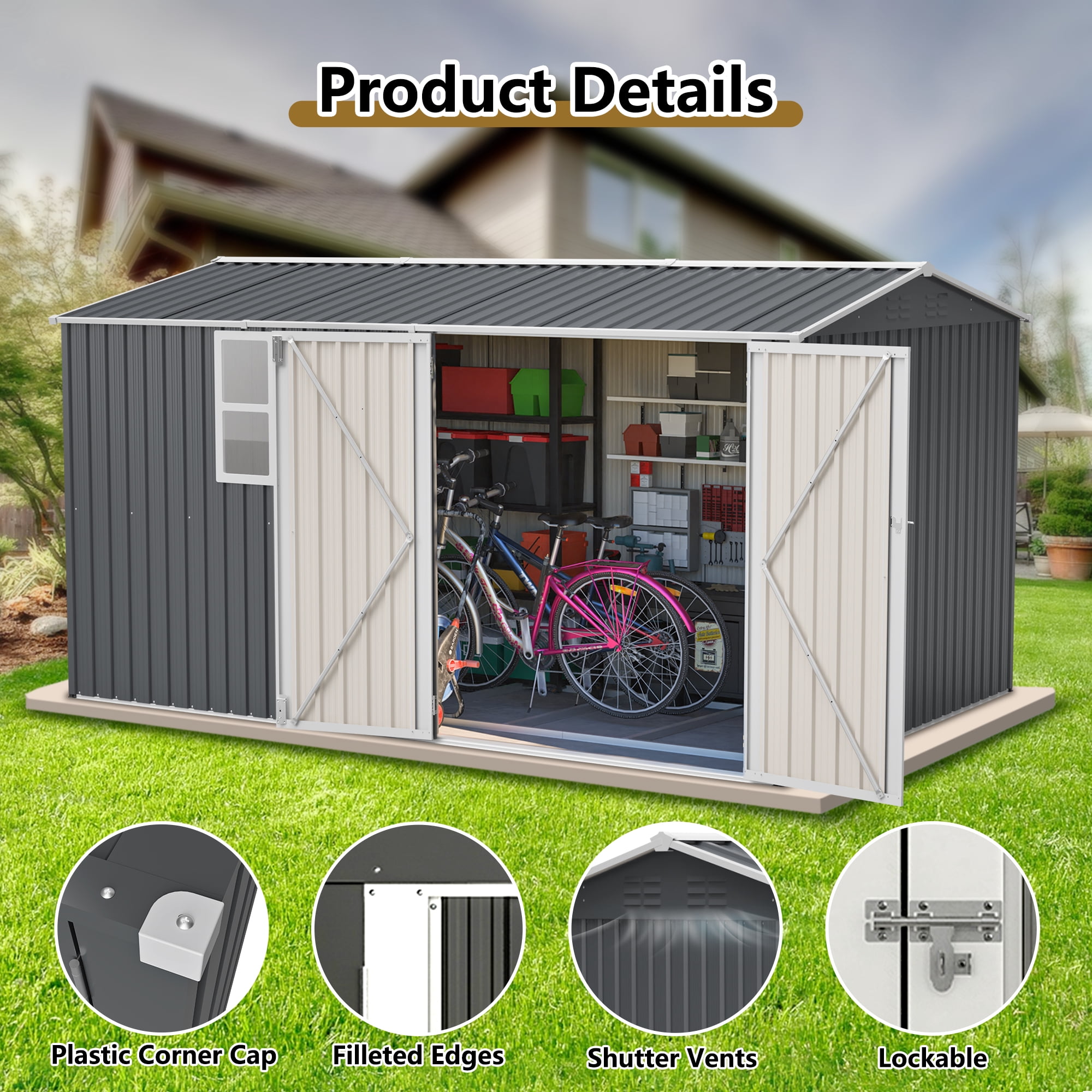 LZBEITEM 12'x8' Outdoor Storage Shed with Floor Frame & Window, Metal Garden Shed Kit, Backyard Shed, Lockable Doors for Backyard Patio Lawn, Gray