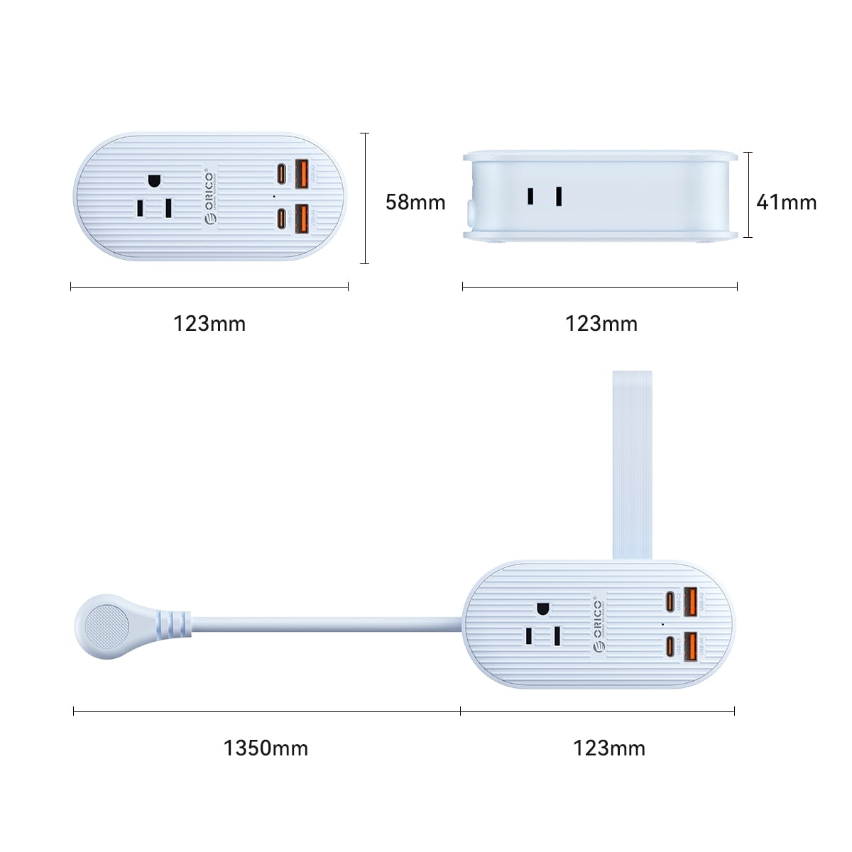 ORICO 45W Power Strip for iPhone 17 and Galaxy S25, 7 in 1 Charging Station with 3AC, 2 USB-A, 2 USB-C, 4ft Extension Cord, Flat Plug Fashion Essential for Travel/Home/Office/Library/Dorm(BLUE)