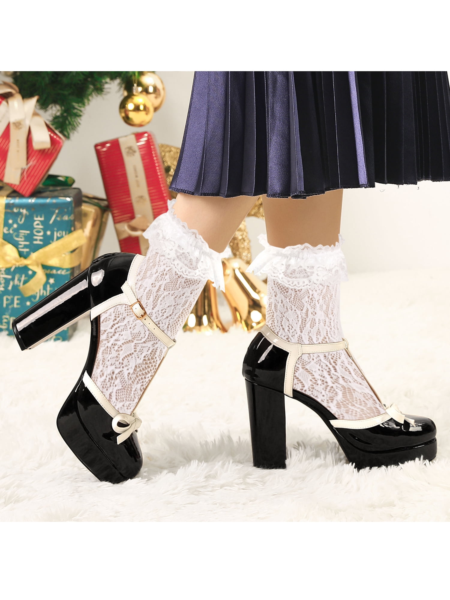 DARING DIVA Women's Platform Bow T Strap Chunky Heels Pumps Black 6