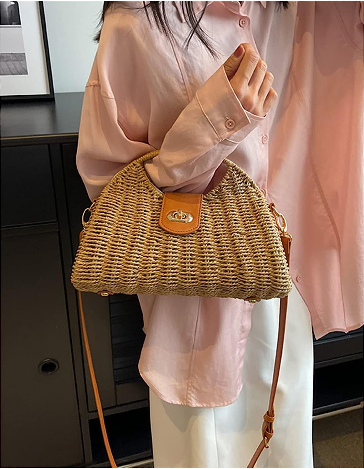 Kukuzhu Straw Handbags Women Summer Beach Tote Bag Hand Purse Vintage Wicker Woven Basket Boho Rattan Clutch Crossbody Shoulder Bag