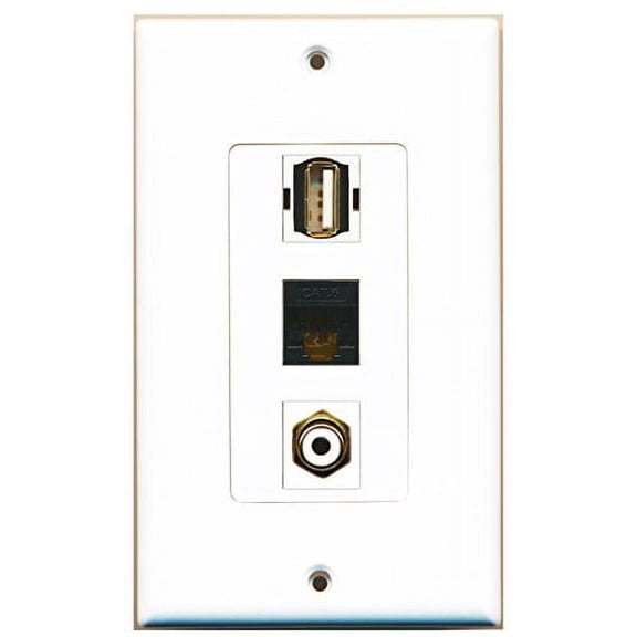 RiteAV - 1 Port RCA White and 1 Port USB A-A and 1 Port Cat6 Ethernet Black Decorative Wall Plate Decorative