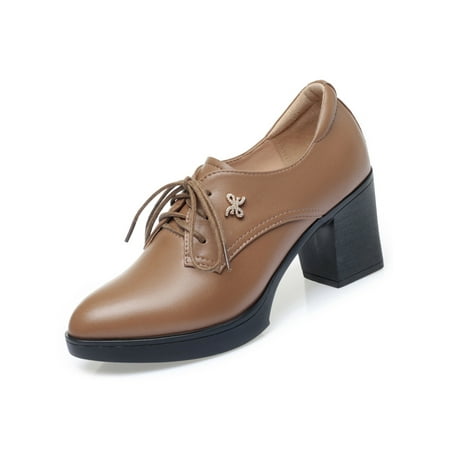 

Tenmix Women Oxfords Chunky Heels Mid Heel Dress Shoes Lace Up Leather Shoe Ladies Lightweight Non-slip Khaki 4.5