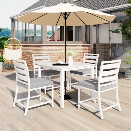 Dining Table Set for 4, 5-Piece Kitchen Dining Set for Dining Room, Kitchen, Dinette, Compact Space w/Wood Tabletop, 4 Chairs with Cushions, White