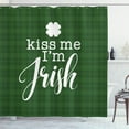 thumbnail image 1 of Kiss Me Shower Curtain, Irish Clover Silhouette with Hand Lettering Quote on Plaid Background, Fabric Bathroom Set with Hooks, 69W X 84L Inches Extra Long, Dark Green and White, by Ambesonne, 1 of 3