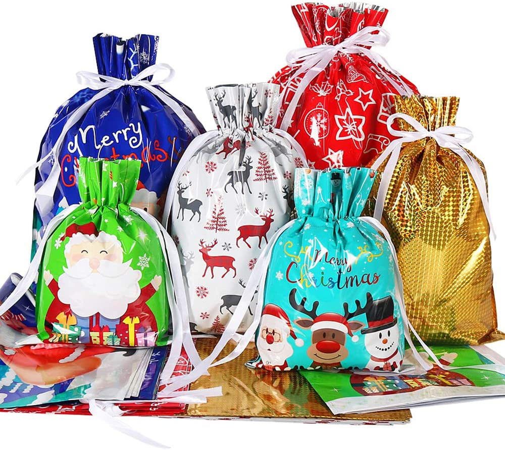 Christmas Bags for Gift Christmas Wrapping Bags Christmas Gift Bags 30Pcs Foil Christmas Bags Assorted Sizes with Ribbon Tie for Christmas Supplies Holiday Party Favor 