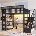 thumbnail image 5 of Full Size Loft Bed with Stairs and Storage, Metal Loft Beds Frame with Bedside Shelf and Wardrobe,4 Shelf Storage Rack, Charging Station, Heavy Duty High Loft Bed, Black, 5 of 11