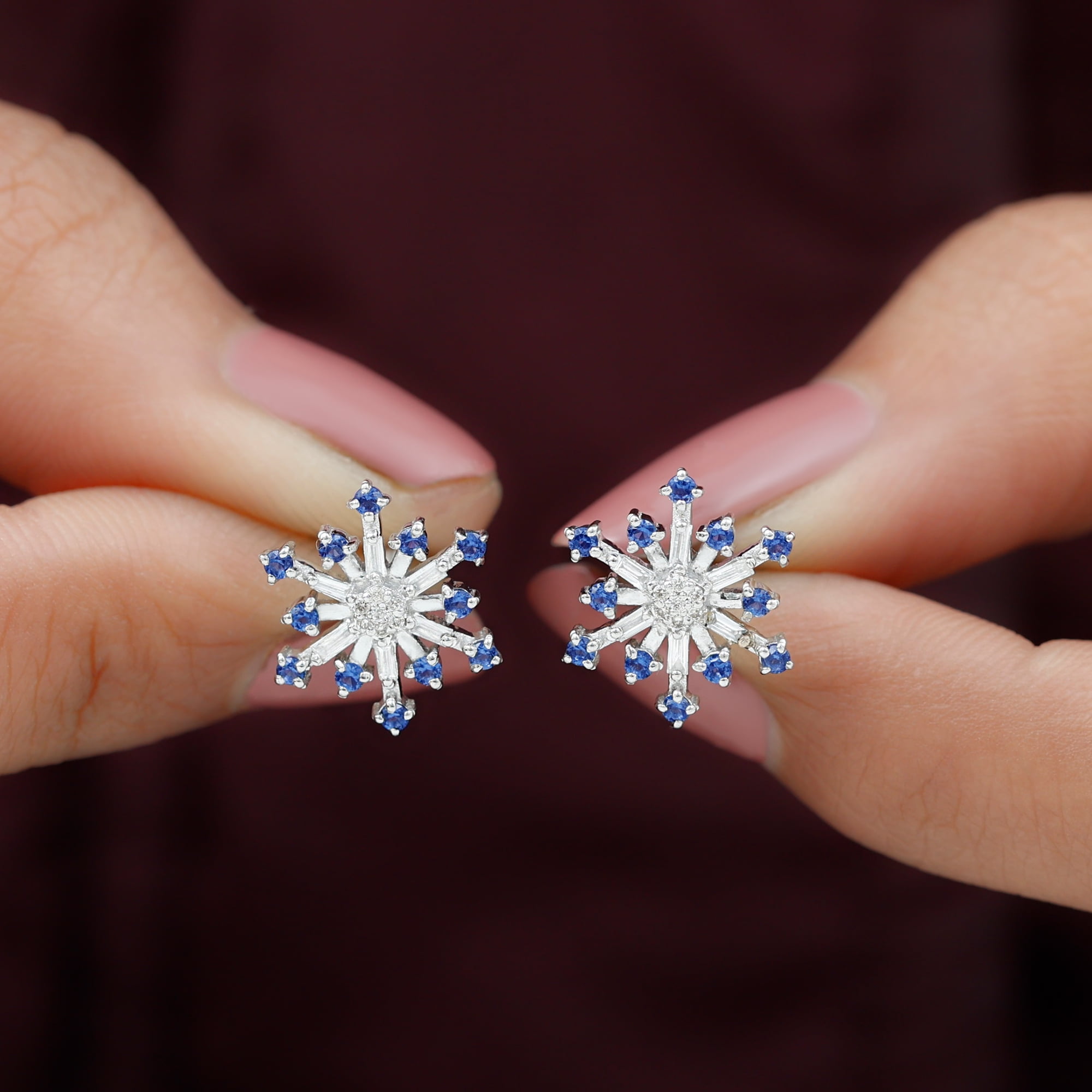 Snowflake Stud Earrings in Stering Silver and White Sapphire - Michelle  Chang