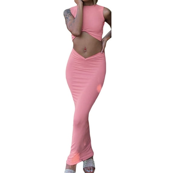 Franhais Women's Long Skirt Set,Sleeveless Round Neck Cropped Tops + Soft Abdominal Long Skirt