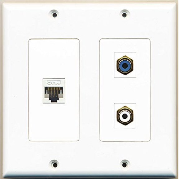 RiteAV - 1 Port RCA White 1 Port RCA Blue 1 Port Cat5e Ethernet White - 2 Gang Wall Plate
