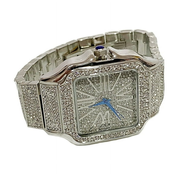 Mens Silver Tone Hip Hop Watch Blue Hands Heavy Iced Flooded Out Bling Square Face 8" inch Band