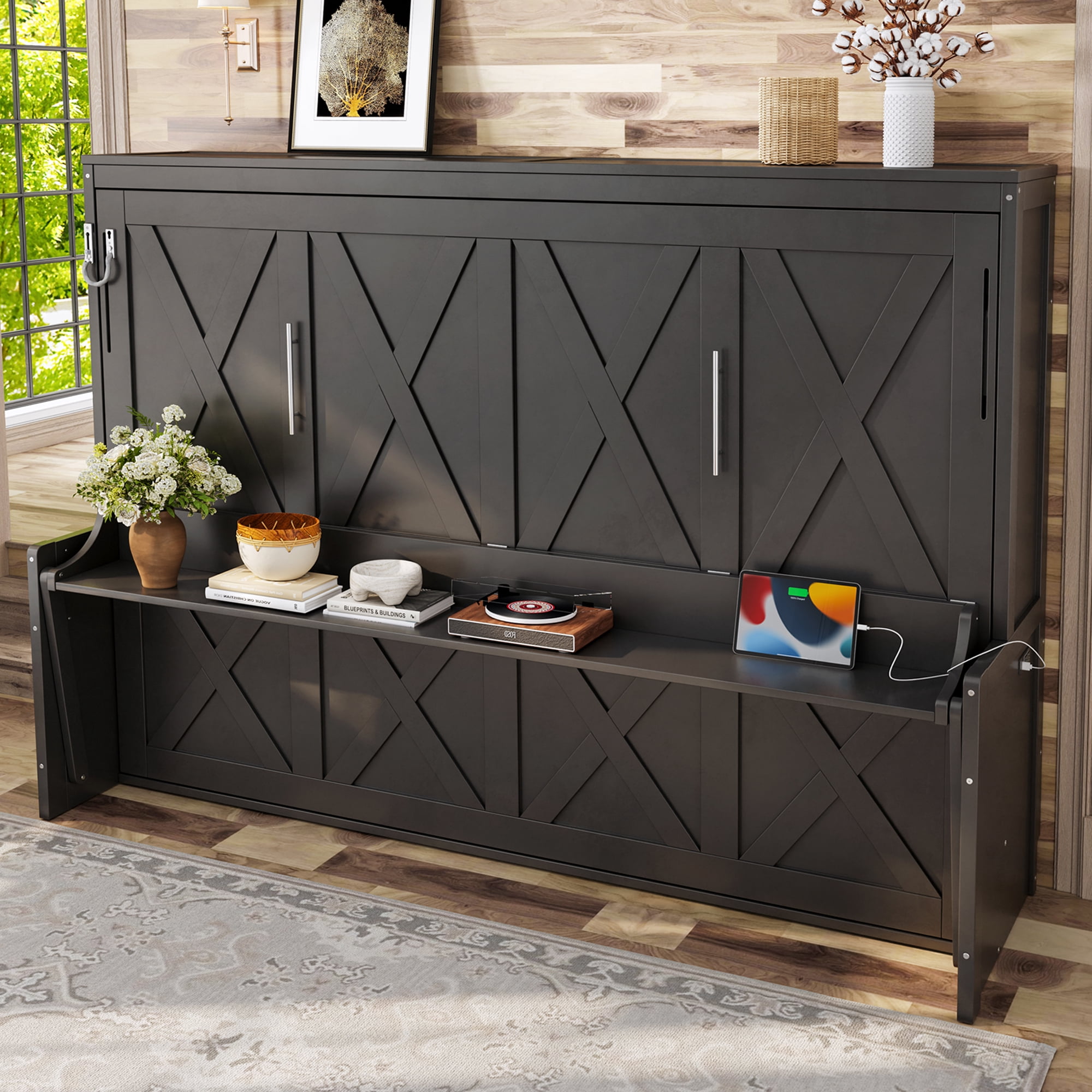 Leumius Queen Size Murphy Bed with Storage & Charging Station,Modern Murphy Cabinet with Desk,Multifunctional Storage Cabinet Bed with Foldable Panel for Guest Bedroom, Living Room, Office,Dark Gray