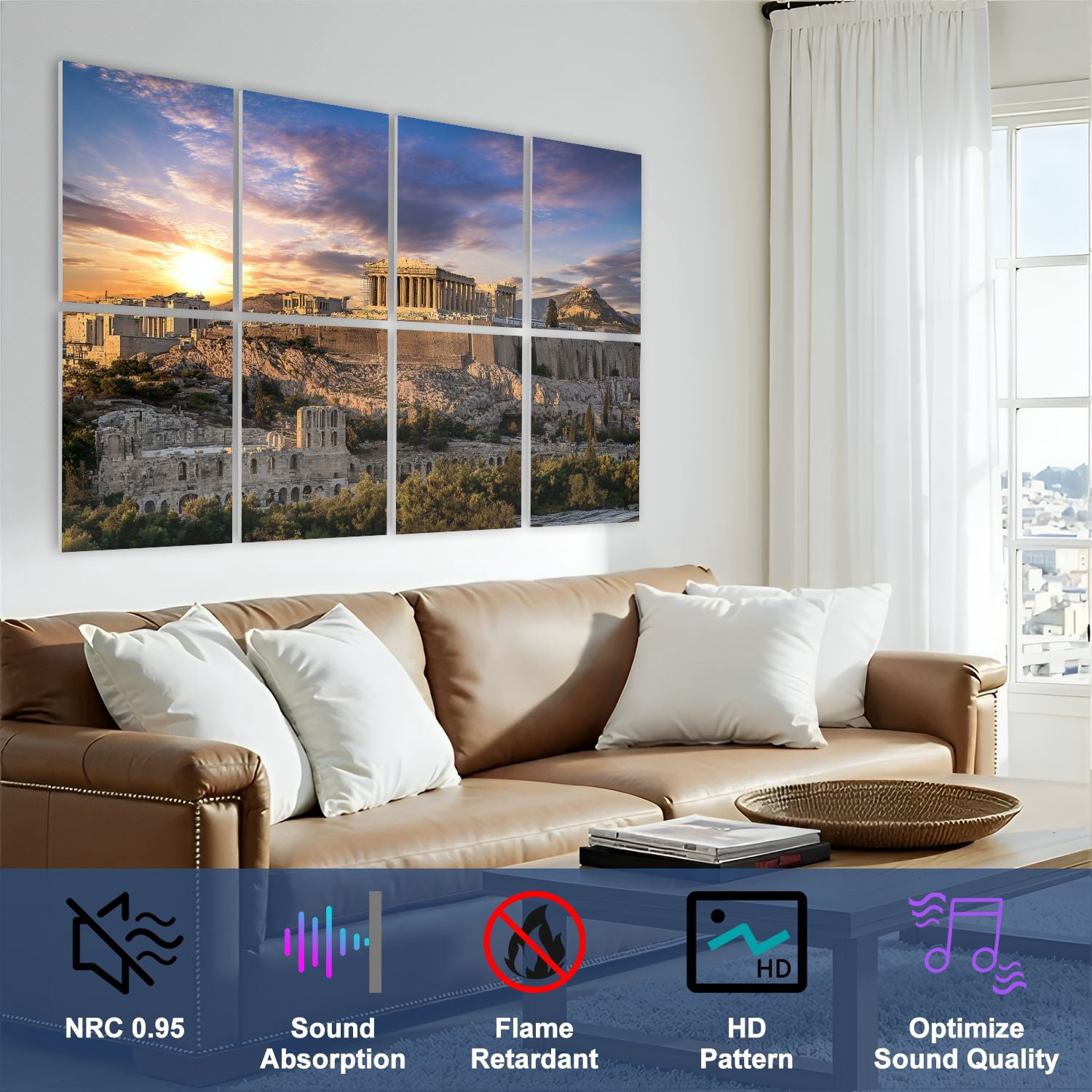 8 Pack Art Acoustic Panels Sound Absorbing Parthenon Athens Greece Decorative Soundproof Wall Panels Self Adhesive for Nursery Game Room Bedroom 48"x32"