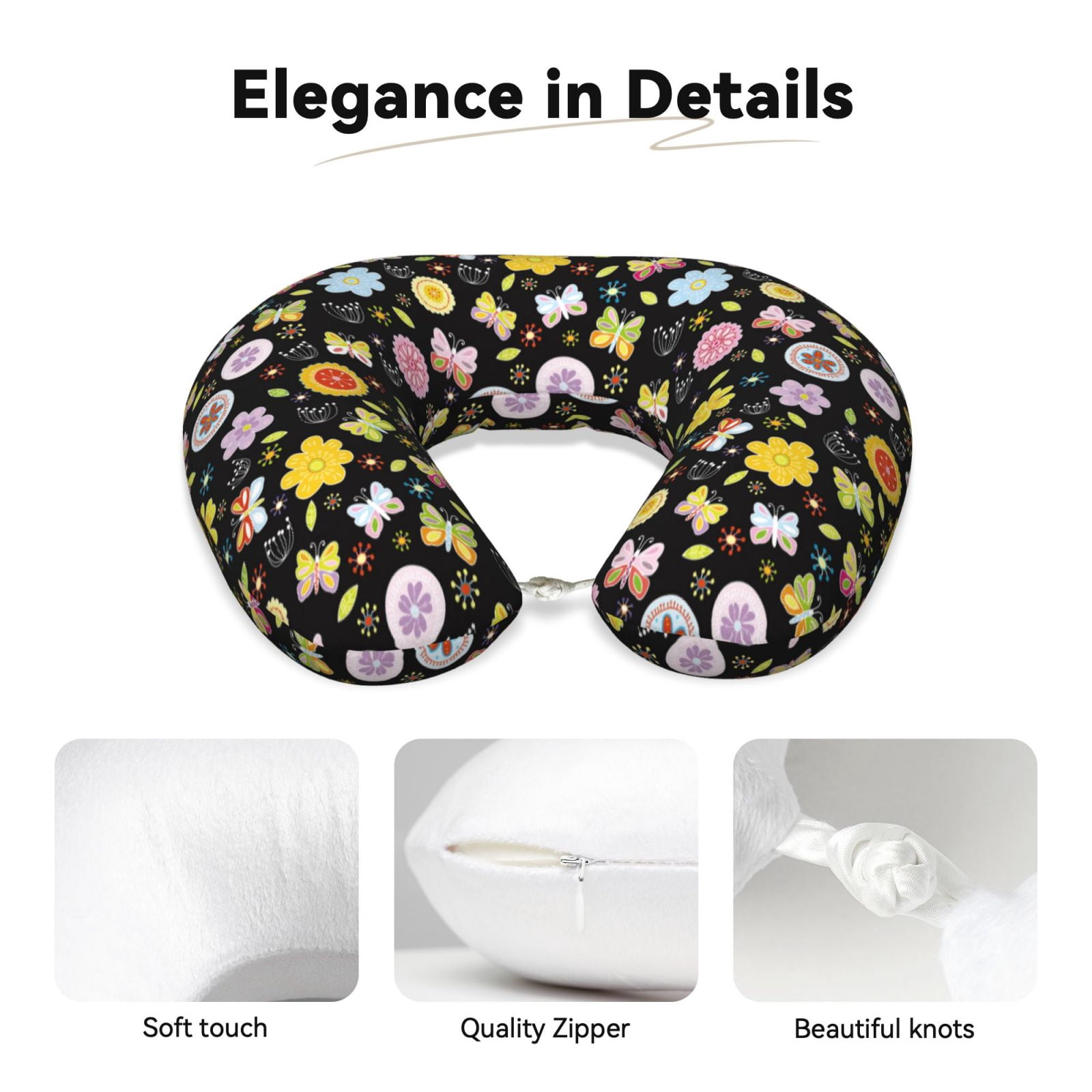 Xecao Flower Butterfly Print Memory Foam Cervical Neck Pillow Versatile U-Shaped Pillows for Home,Office,Camping,Travelling,Soft Washable Cover