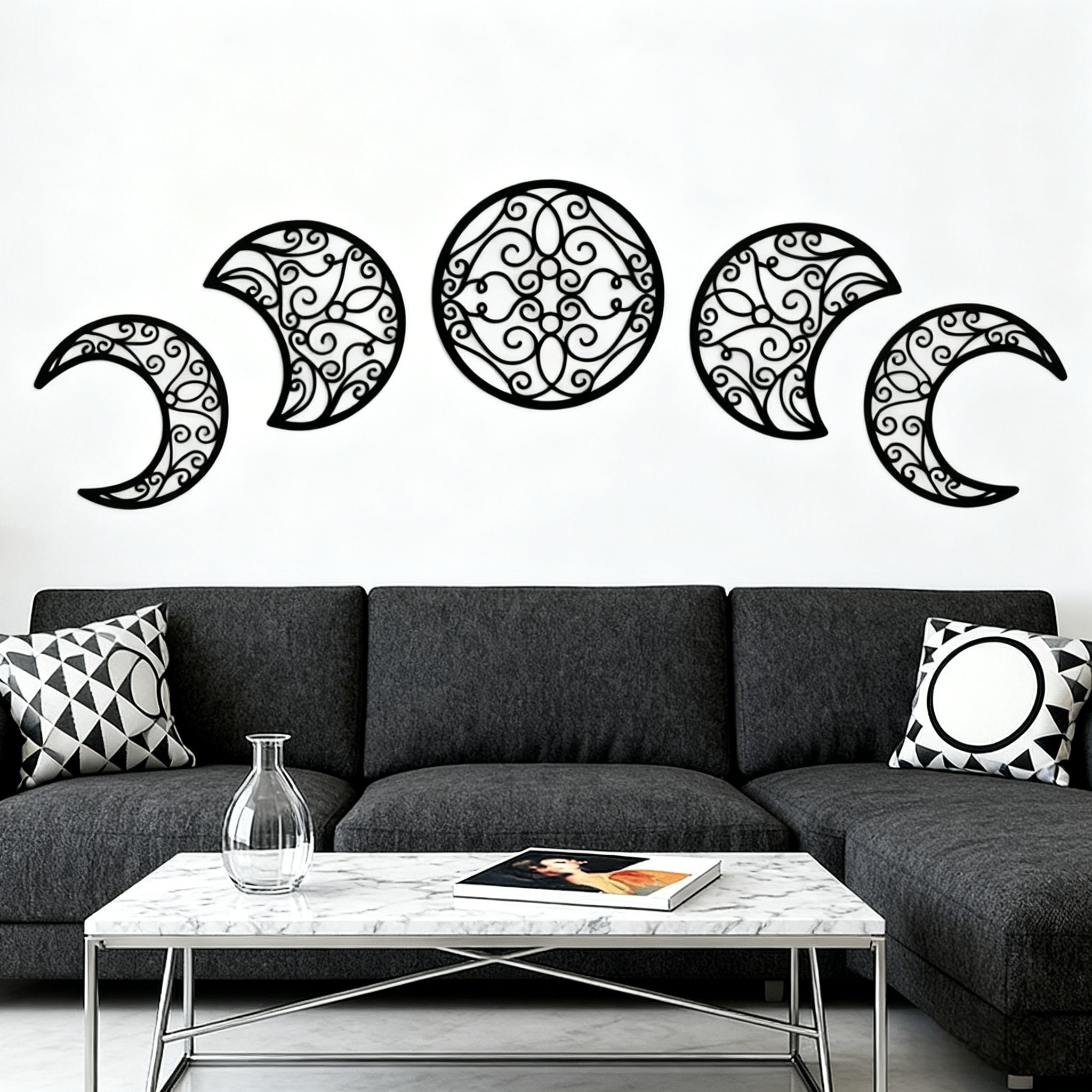 NIUBIER 5Pcs Moon Decoration Wall Decoration,Wooden Moon Phase Wall Hanging,Gothic Wall Decor Style Bedroom Home Wall Decor Lunar Aesthetic Art for Bedroom Living Room Dorm Apartment Office(black)