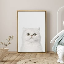 PixonSign Framed Canvas Print Wall Art White Cat Portrait on Gray Background Animals Wildlife Photography Minimalism Modern Closeup Whimsical Cool for Living Room, Bedroom, Office - 16"x24" Natural
