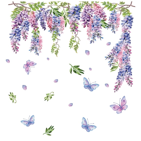 Wisteria Wall Stickers Flying Butterfly Removable Wall Decal Sprung Flowers Self-Adhesive Wallpaer for Bedroom Nursery Home Wall Decoration