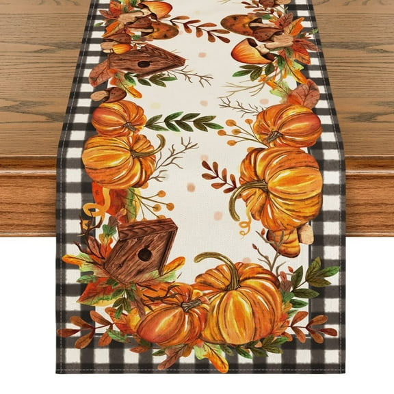 Smile Buffalo Check Plaid Fall Table Runner 13 x 72, Harvest Thanksgiving Pumpkins Mushrooms Birdhouse Maple Leaves