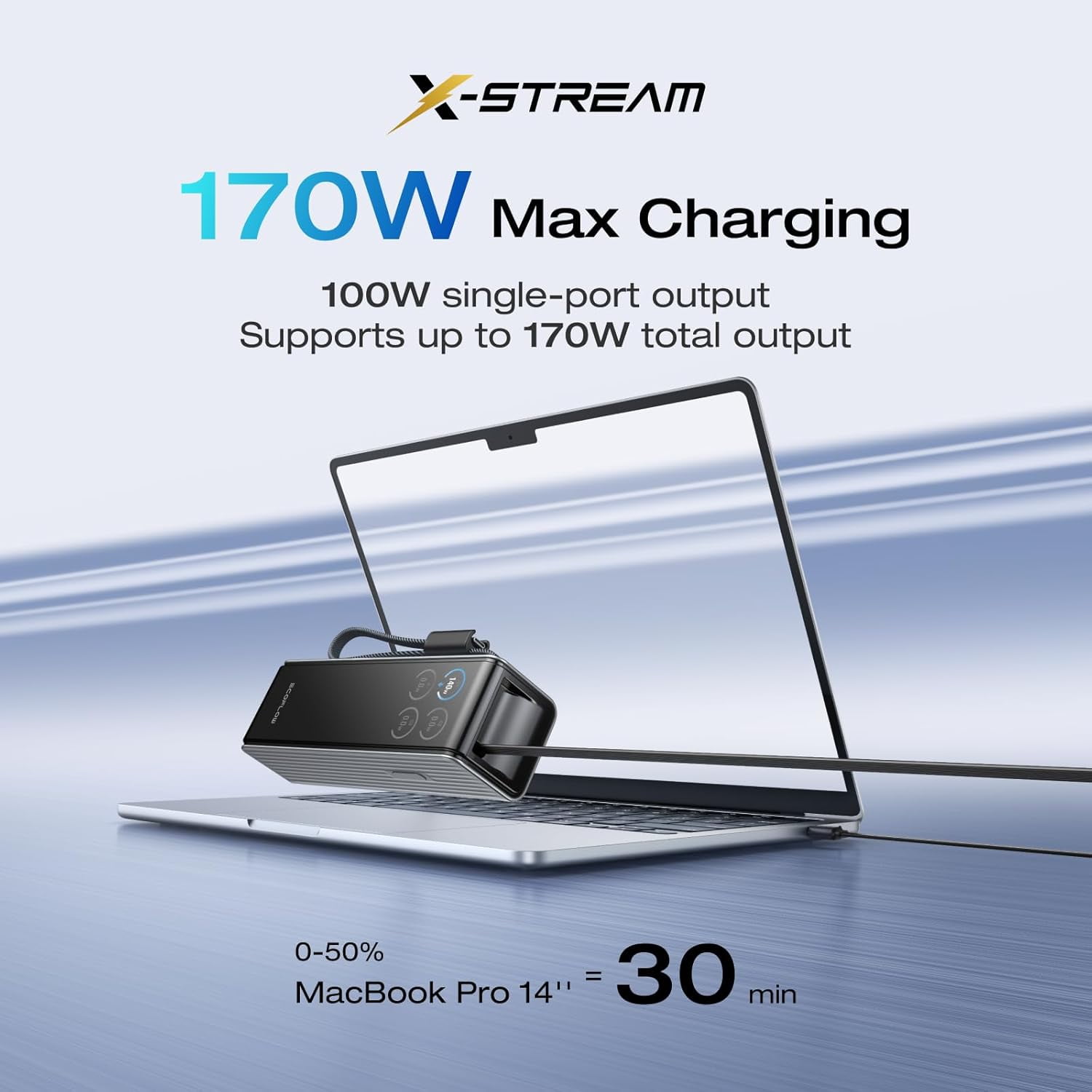 EF EcoFlow Rapid Power Bank, 25,000mAh, 170W, 100W Built-in and Retractable Cables, Portable Charger with Triple 100W USB-C Port, Compatible with iPhone Series, Samsung, Laptop and More, Silver