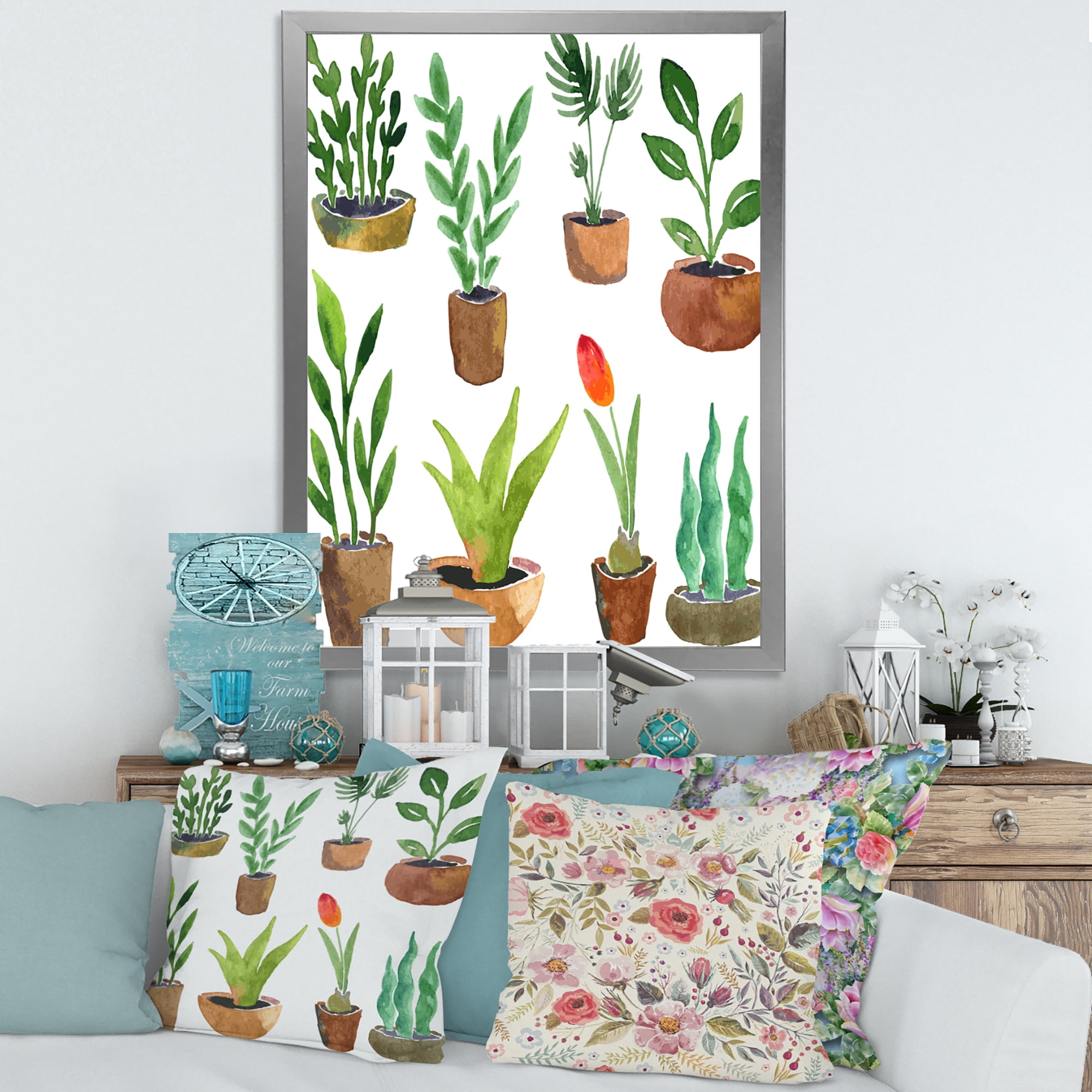 Designart 'Eight House Plants In Claypots' Traditional Framed Art Print