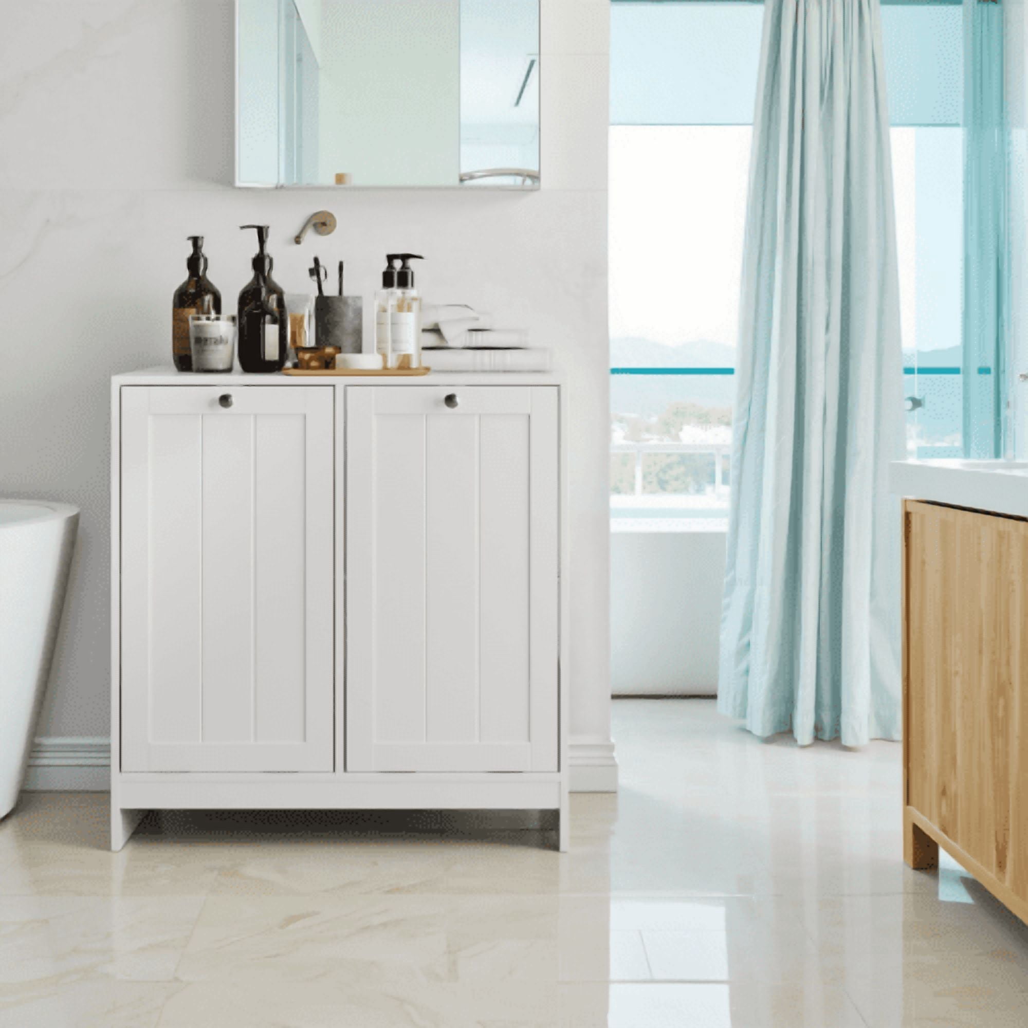 Tilted Laundry Hamper with Removable Baskets, Hidden Laundry Hamper Storage Cabinet, Free-Standing Bathroom Organizer, White