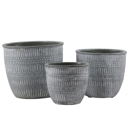 Cement Tall Round Pot with Painted Inner Surface  Shapes Pattern Design Body & Tapered Bottom  Painted Finish Sage - Set of 3