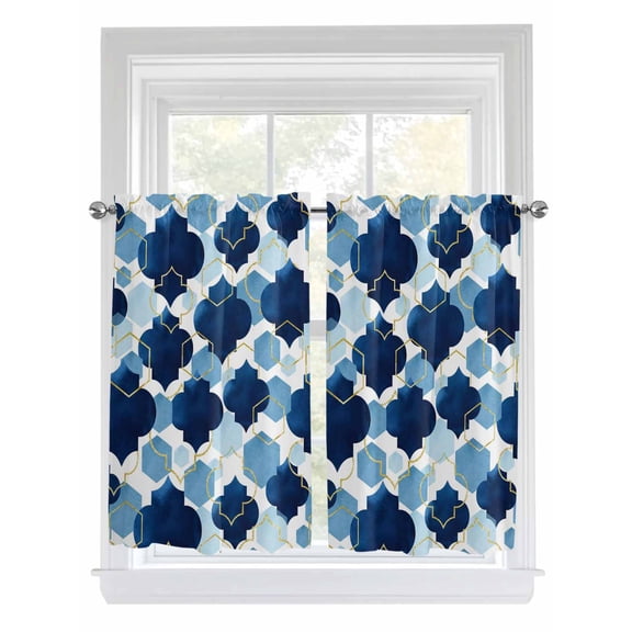 Navy Blue Geometric Moroccan Bathroom Window Curtain, Abstract Art Blue Ombre Modern Light Filtering Coffee Kitchen Curtains, Bedroom Living Room Curtains 2 Panel 84"x45"