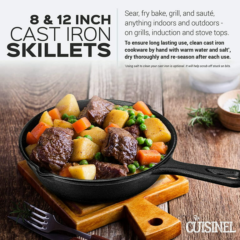 Cuisinel Cast Iron Skillet - 12-Inch Frying Pan with Assist Handle and Pour  Spouts + Silicone Grip Holder Cover - Preseasoned Oven Safe Cookware 