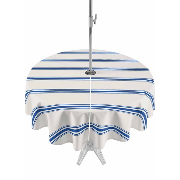 Outdoor Tablecloth with Umbrella Hole, Navy Blue Striped Spillproof Waterproof Outdoor Table Cover, Rustic Blue Stripe Modern Art Beige Patio Tablecloths for Party/Garden/Picnic, Round 60 inch