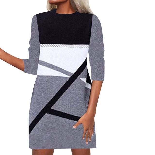 Robes pour Femmes Mode Décontractée Manches Longues Imprimé Col Rond Robe de Soirée Quotidienne
