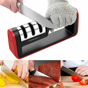 Amerteer Knife Sharpener for Straight and Serrated Knives, 3-Stage Diamond Coated Wheel System Kitchen Knife and Scissor Sharpeners, Sharpens Dull Knives Quickly, Safe and Easy to Use