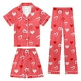 thumbnail image 2 of Girls Silk Pajamas Size 10-12 3pcs Button-Down Pjs Short Sleeve Top Shorts & Long Pants Bow Valentine's Day Pajama Outfit with Pockets Loungewear Nightwear 3 Piece Sleepwear, 2 of 6