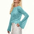 thumbnail image 5 of Lenpel Women's Sequin Crochet Tops Bell Long Sleeve Boat Neck Hollow out Sparkly Glitter Knitted Shirts Loose Cover up Blouses(Blue,Medium), 5 of 7